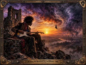 A lone guitarist sits among ancient stone ruins above a misty valley, framed by a turbulent purple and orange sky. Golden sunset light cuts through towering storm clouds as ravens circle distant smoke and city silhouettes. Richly detailed surreal realism, dramatic shadows, and an ornate bronze guitar-inspired frame create an ominous, visionary mood.