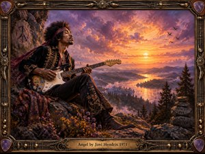 Jimi Hendrix sits peacefully with his guitar on a flowered mountain overlook, gazing toward a radiant sunset above a winding river and misty forests. Warm gold, violet, and amber light creates a spiritual, reflective mood. Detailed painterly realism, ornate musical framing, patterned clothing, soaring birds, and inscribed stones enrich the composition.