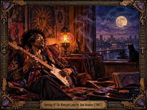 A psychedelic late 1960s interior surrounds a reclining guitarist with electric guitar, patterned fabrics, records, incense smoke, and a glowing amber lamp. Warm orange light contrasts with the deep blue moonlit skyline outside, creating a reflective, dreamlike mood. An ornate guitar-themed frame adds handcrafted vintage detail.