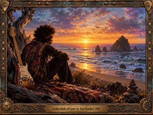 A contemplative guitarist rests beside a weathered tree above a glowing ocean at sunset, framed by ornate bronze, turquoise, and guitar-inspired details. Warm orange light meets violet clouds and blue waves, creating a reflective psychedelic mood. Rocks, wildflowers, patterned fabric, and celestial motifs enrich the richly painted scene.
