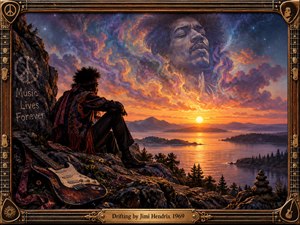 A solitary musician rests beside an electric guitar on a rocky overlook, watching a radiant sunset across calm water and distant mountains. Psychedelic cosmic clouds form a dreamlike Hendrix portrait overhead. Rich oranges, purples, and blues create a reflective, spiritual mood, enclosed by an ornate guitar-inspired bronze frame.