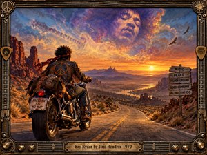 A lone rider on a chrome motorcycle follows a winding desert highway toward a blazing sunset beneath a dreamlike portrait of Hendrix and a spectral guitar. Warm oranges, purples, and dusty blues create a liberated psychedelic mood, while rugged mesas, soaring birds, symbolic signs, and an ornate musical frame enrich the cinematic composition.