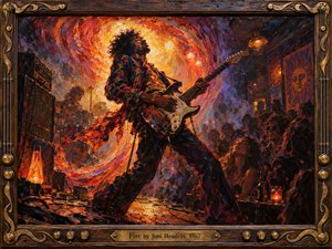 A fiery psychedelic oil painting captures a guitarist exploding with energy inside a smoky late-1960s club. Swirling orange, red, gold, and violet brushwork forms a radiant halo around the performer, while shadowy spectators, amplifiers, stage lights, and textured impasto deepen the intense, sensual atmosphere within an ornate wood-and-brass frame.