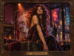 A sultry woman commands a smoky 1960s rock club, framed by glowing amplifiers, drums, neon streets, and rain-soaked reflections. Rich crimson, violet, amber, and teal light sculpt her flowing hair and poised expression. Thick oil brushwork, psychedelic details, and an ornate bronze frame create seductive, electric tension.