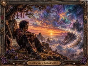 A contemplative Jimi Hendrix sits beside a decorated electric guitar on a flowered mountain ledge above glowing clouds. A fiery sunset, distant peaks, cosmic planets, and a spectral face fill the psychedelic sky. Rich purples, oranges, and blues glow within an ornate guitar-themed frame, creating a mystical, reflective mood.