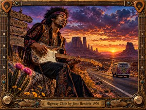 A psychedelic painterly scene shows Jimi Hendrix seated with an electric guitar beside a desert highway at sunset, surrounded by towering mesas, wildflowers, and a peace-painted van. Fiery orange and violet skies, warm glowing light, ornate guitar-themed framing, and vintage details create a free-spirited, cinematic 1960s atmosphere.