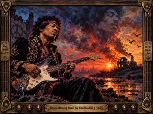 Jimi Hendrix plays electric guitar against a turbulent sunset where smoke, fire, and a ruined house merge into a dreamlike landscape. Deep blues, molten oranges, and crimson light create a tense, reflective mood. Expressive oil-like brushwork, glowing water, circling birds, and ornate guitar-inspired framing heighten the psychedelic drama.