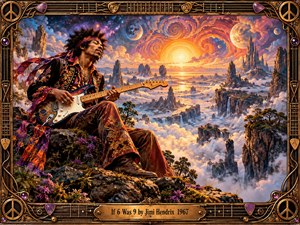 A psychedelic guitarist rests on a flowered cliff above a dreamlike realm of floating rock towers, waterfalls, mist, and glowing celestial bodies. Rich purples, blues, oranges, and golds create a radiant 1960s atmosphere, while ornate clothing, swirling clouds, surreal light, and a guitar-themed bronze frame heighten the visionary mood.