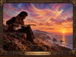 A solitary guitarist sits on a rugged coastal cliff at sunset, surrounded by wildflowers, misty headlands, and a glowing sea. Fiery orange, purple, and blue clouds form an ethereal wing overhead. Rich painterly detail, warm dramatic light, and an ornate guitar-themed bronze frame create a dreamlike, spiritual, psychedelic mood.