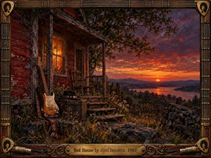 A weathered red house overlooks a glowing valley at sunset, where an electric guitar rests beside the porch amid wild grass, stone, and aged timber. Warm amber light contrasts with deep crimson and violet skies, creating a reflective blues mood. Painterly textures and an ornate guitar-inspired frame add handcrafted period character.