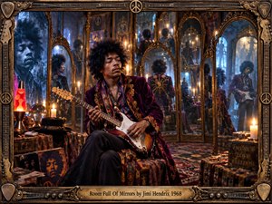Jimi Hendrix sits with a sunburst guitar inside an ornate mirrored room, surrounded by endless reflections, candles, and psychedelic decor. Deep burgundy, gold, and midnight blue create a mysterious dreamlike mood. Warm candlelight contrasts with cool window light, while intricate guitar-themed framing reinforces the richly detailed late-sixties atmosphere.