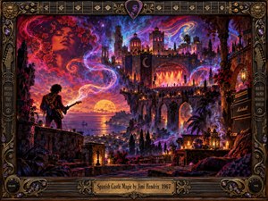 A psychedelic castle concert rises above a glowing coastal city as a silhouetted guitarist faces swirling ribbons of cosmic light. Saturated reds, purples, blues, and golds create a dreamlike nocturnal atmosphere. Ornate arches, crowds, candles, roses, and amplifier details blend with a richly carved guitar-themed frame and engraved title plate.