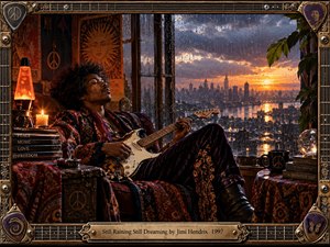 A richly detailed psychedelic scene shows Jimi Hendrix reclining with an electric guitar beside a rain-streaked window overlooking a glowing city sunset. Warm amber light, deep purples, patterned fabrics, candles, and bohemian symbols create a dreamy, reflective mood. An ornate guitar-inspired metallic frame completes the vintage atmosphere.