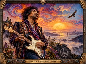 A psychedelic oil-painted guitarist stands against a glowing sunset above misty mountains, water, and a distant bridge. Fiery orange, violet, and blue clouds swirl with restless energy while an eagle crosses the sky. Ornate guitar-themed framing, wildflowers, rocky textures, and warm dramatic light create a free-spirited 1960s atmosphere.