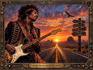 A richly painted Hendrix figure plays a weathered electric guitar beside an endless desert highway glowing beneath a fiery orange, violet, and blue sunset. Distant mesas, a soaring bird, and a rustic direction sign evoke freedom and determination. Ornate guitar hardware, turquoise accents, and aged metalwork form the elaborate frame.