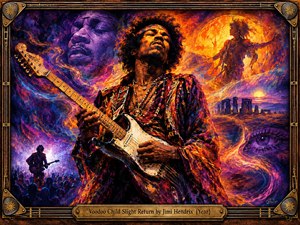 A psychedelic guitarist commands the center, immersed in fiery orange, violet, and electric blue currents that suggest raw musical energy. Ghostly faces, distant figures, ancient stones, and a watchful eye surround him beneath dramatic glowing light. Rich painterly textures and an ornate guitar-inspired frame create a mystical, powerful atmosphere.
