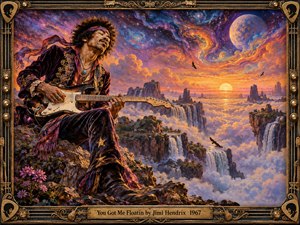 A psychedelic guitarist rests above a dreamlike sea of clouds, surrounded by floating cliffs, waterfalls, glowing planets, and a fiery sunset. Rich purples, oranges, blues, and golds create a euphoric cosmic mood, while ornate guitar-themed framing and warm painterly lighting give the scene a vivid 1960s fantasy character.