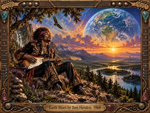 Jimi Hendrix sits on a rocky overlook playing guitar above a winding river valley, framed by mountains, waterfalls, forests, and a distant city. A luminous Earth dominates the fiery sunset sky, creating a reflective, hopeful mood. Rich oil-paint textures, warm golds, deep blues, and an ornate guitar-themed frame complete the scene.