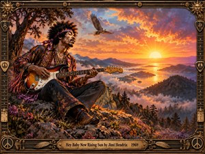 A seated guitarist rests on a rocky overlook as a brilliant sunrise floods misty mountains and winding water with gold, orange, and violet light. Wildflowers, a soaring bird, and dramatic clouds create a peaceful, transcendent mood. Rich painterly detail and an ornate guitar-inspired bronze frame evoke psychedelic 1960s artistry.