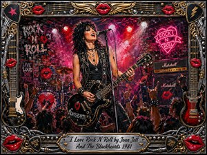 A fierce female rocker commands a smoky club stage, singing into a microphone while gripping a black electric guitar before an ecstatic crowd. Crimson, magenta, black, chrome, and gold dominate the energetic painted scene. Neon signs, amplifiers, drums, raised hands, red lips, guitars, and ornate metallic framing amplify the rebellious rock-and-roll atmosphere.