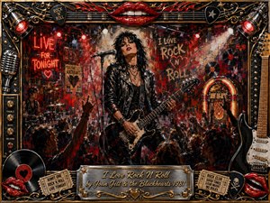 A fierce rock guitarist commands a crowded club stage beneath blazing red lights, surrounded by drums, microphones, vinyl records, neon signs, and a glowing jukebox. Thick acrylic-like textures, black leather, crimson highlights, chrome details, and gritty brushwork create a rebellious, energetic atmosphere, framed with guitars, lips, tickets, and ornate metallic accents.