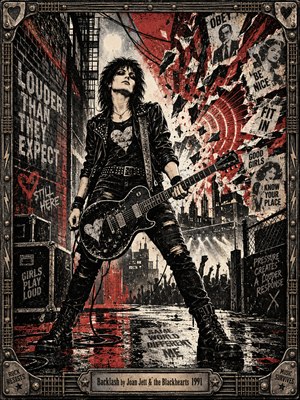 A defiant black-haired guitarist stands in a rain-slicked city alley, surrounded by torn posters, jagged red shockwaves, and shadowy crowds. Stark cream spotlights cut through charcoal and crimson textures, creating fierce punk energy. Distressed screen-print detailing and a riveted guitar-string frame complete the rebellious composition.
