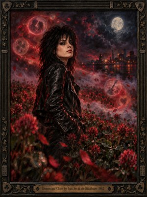 A dark-haired rocker in a black leather jacket stands among crimson clover beneath a luminous full moon. Scarlet petals and glowing symbolic orbs drift through smoky violet clouds above a distant city waterfront. Rich oil-painted textures, dramatic red highlights, and an ornate bronze frame create a romantic, rebellious, dreamlike atmosphere.