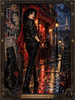 A black-haired rocker in leather glances back on a rain-soaked Paris street outside a glowing cabaret. Crimson and amber lights ripple across cobblestones beneath a stormy blue sky, with the Eiffel Tower beyond. Expressive oil brushwork, torn posters, a guitar case, and an ornate brass frame evoke rebellious romance.