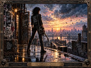 A leather-clad guitarist stands on a rain-soaked rooftop, facing a radiant sunrise above a sprawling city. Storm clouds part over distant bridges as birds cross the glowing sky. Torn posters, rusted chains, and shimmering puddles evoke resilience and renewal. Rich painterly textures glow within an ornate, guitar-inspired metal frame.