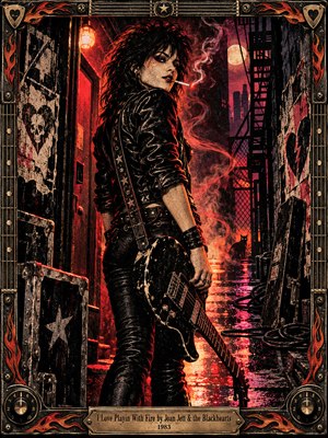 A defiant, black-haired rocker in worn leather looks back through a smoky alley, her battered guitar hanging at her side. Crimson neon washes rain-slick pavement, torn posters, and iron fire escapes. Flames and guitar hardware decorate an ornate metallic frame, giving the gritty, screen-printed portrait a dangerous 1980s pulse.