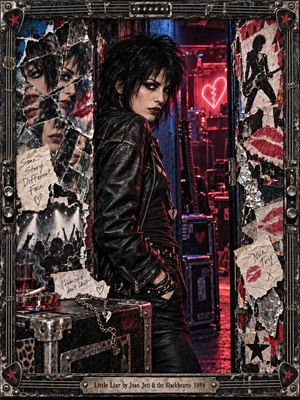A defiant black-haired rocker stands backstage amid torn posters, shattered mirrors, and discarded promises. Crimson neon and cold blue shadows illuminate her leather jacket, fractured reflections, and a glowing broken heart. The gritty, layered punk-rock collage captures betrayal and mistrust, enclosed by a weathered metal frame adorned with guitar hardware.