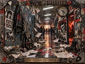 A rebellious school corridor stretches toward a glowing exit, its battered blue lockers plastered with punk posters and graffiti. A black guitar and leather jacket anchor the foreground while loose papers scatter across reflective tiles. Harsh fluorescent lights clash with fiery concert reds inside a rugged, guitar-string-trimmed metal frame.
