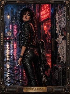 A rebellious dark-haired rocker in black leather glances over her shoulder outside a neon-lit music club on a rainy city night. Crimson and blue reflections shimmer across wet pavement, while torn posters and a heart-shaped cable evoke troubled romance. Rich, textured painting and an ornate guitar-inspired frame complete the dramatic scene.