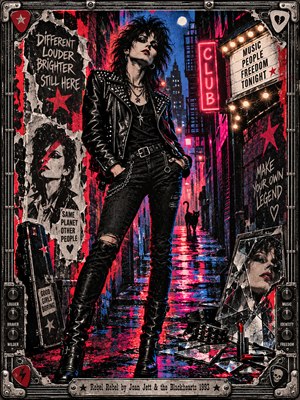 A defiant, leather-clad rocker stands in a rain-soaked alley glowing with crimson, magenta, and electric blue neon. Torn punk posters, a distant black cat, and shattered mirrors surround the figure. Gritty screen-print textures, dramatic shadows, and a studded metal frame evoke rebellious nightlife and fearless individuality.