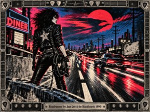 A leather-clad guitarist stands beside a rain-slick highway as a muscle car speeds toward a distant city. Crimson taillights, a glowing diner sign, and an enormous red moon ignite the blue-black night. Gritty screen-print textures, dramatic perspective, and a guitar-inspired metal frame convey rebellious freedom and restless momentum.