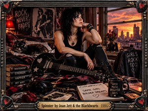 A dark-haired rocker sits thoughtfully on a rumpled bed beside a black electric guitar and watchful cat. Orange sunset light illuminates a gritty, poster-covered bedroom overlooking the city. Records, books, and handwritten messages emphasize independence and rebellion. A weathered metallic frame with heart-shaped corners and an engraved title plate completes the cinematic composition.