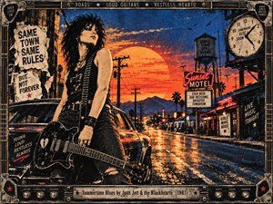 A defiant black-haired guitarist stands beside a vintage car on a neon-lit road beneath a blazing orange sunset. Electric blue skies, telephone poles, torn posters, and shimmering pavement evoke restless summer rebellion. Gritty screen-print textures, a looming clock, and a weathered guitar-inspired metal frame sharpen the punk-rock atmosphere.