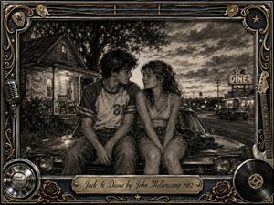 A young couple sits close together on the hood of a vintage car beneath a dramatic small-town evening sky. Deep feathered charcoal textures create a tender, nostalgic mood, illuminated by porch and diner lights. An ornate chrome-and-gold music-themed frame surrounds the scene, with guitars, records, roses, stars, and an engraved title plate.