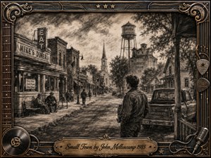 A richly textured charcoal scene captures a quiet Midwestern main street, where a young man surveys diners, storefronts, homes, a church steeple, grain elevator, and water tower. Warm sepia tones soften the nostalgic, reflective mood. An ornate bronze-and-black music-themed frame, detailed with guitar strings, picks, vinyl, stars, and microphone accents, completes the vintage composition.