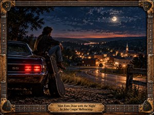 Kung Fu Hand Painting - A lone man sits beside a classic muscle car and guitar case on a hillside overlooking a glowing small town at night. Moonlight, fading sunset reds, wet roads, and warm streetlights create a reflective, restless mood. Rich photographic realism, deep blues, amber highlights, and a rugged guitar-themed frame evoke youthful longing and open-road nostalgia.