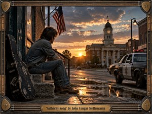 Kung Fu Hand Painting - A lone young man in faded denim sits beside a battered guitar case on wet courthouse steps, facing a quiet small-town street at sunset. Golden light reflects across puddles beneath stormy blue-gray clouds, while an aging police cruiser and civic architecture heighten the rebellious tension. The realistic artwork is framed with weathered metal, strings, picks, and brass.