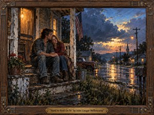 Kung Fu Hand Painting - A weathered couple sits closely together on a small-town porch after rain, framed by warm lamplight and a glowing stormy sunset. Wet streets reflect amber lights beneath deep blue clouds, while an old truck, church steeple, and modest homes evoke Americana. Richly textured painterly details create tenderness, resilience, and quiet companionship.