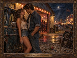 Kung Fu Hand Painting - A rain-soaked nighttime fairground frames an intimate couple leaning together beside a weathered blue truck, charged with restless attraction and danger. Warm carnival lights, a glowing Ferris wheel, motorcycles, scattered debris, and wet reflections contrast deep blues and amber tones. Thick painterly textures and a rustic guitar-themed frame evoke gritty 1980s Americana.