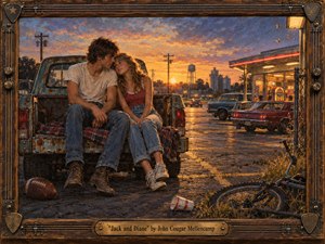 Kung Fu Hand Painting - A young couple sits close on a weathered pickup tailgate beside a glowing roadside diner at sunset. Warm amber light meets deepening blue and violet skies, creating a tender, nostalgic small-town mood. Rich painterly textures, cracked asphalt, vintage cars, telephone poles, a bicycle, football, and handcrafted guitar-themed framing deepen the Americana atmosphere.