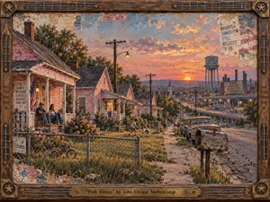 Kung Fu Hand Painting - A weathered row of pink working-class houses overlooks a fading industrial town at sunset, balancing warmth, pride, hardship, and uneasy hope. Golden-orange light washes cracked streets, porches, old cars, flowers, and power lines. Richly textured painterly surfaces, distressed Americana details, and a rustic guitar-themed frame create a nostalgic, handcrafted mood.