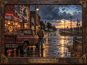 Kung Fu Hand Painting - A lone man stands beside a weathered red pickup on a rain-soaked small-town street at dusk, facing an open road beneath turbulent blue-gray clouds. Warm diner lights and neon glow contrast with the cool stormy landscape. Painterly textures, reflective pavement, railroad tracks, autumn leaves, and a rugged guitar-themed wooden frame evoke restless nostalgia and hard-won hope.