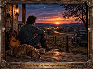 Kung Fu Hand Painting - A nostalgic Americana scene shows a solitary man in denim resting on a weathered porch, gazing toward a glowing town beyond winding countryside. A guitar, sleeping dog, vintage pickup, and lantern deepen the intimate mood. Warm amber sunset contrasts with purple-blue clouds, rendered in richly textured painterly realism with handcrafted wood-and-metal musical framing.