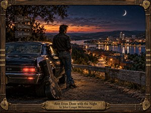 Kung Fu Hand Painting - A cinematic Americana scene shows a young man beside a vintage black muscle car and worn guitar case, gazing over a riverside town at dusk. A winding road descends toward glowing bridges and city lights beneath a crescent moon. Warm amber light contrasts with deep blue skies, rendered with richly textured, handcrafted realism.