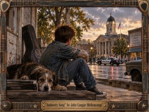 Kung Fu Hand Painting - A reflective young man in denim sits with his dog on a weathered porch overlooking a rain-soaked small-town street and illuminated courthouse. Warm sunset light breaks through stormy clouds, contrasting amber highlights with cool blue-gray shadows. Richly textured Americana styling, vintage vehicles, guitar case, civic imagery, and a handcrafted guitar-string frame reinforce the songs rebellious, contemplative mood.