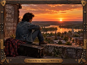 Kung Fu Hand Painting - A rugged man in worn denim sits beside a weathered guitar case overlooking a small American town and winding river at sunset. Warm orange and gold light bathes the valley, bridges, rooftops, and distant hills. The handcrafted Americana style combines cinematic realism with aged wood, brass, leather, guitar-string framing, and nostalgic imperfections.